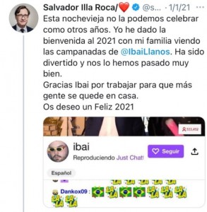 TWEET DE SALVADOR ILLA EN AGRADECIMIENTO DEL DIRECTO A IBAI LLANOS. FUENTE: TWITTER